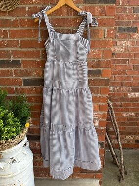 Johnny Becca Striped Tie-Shoulder Midi Dress in White and Blue